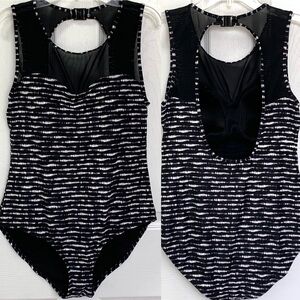 Niptuck Swim One Piece Black White Mesh Panel Swimsuit size 10 US